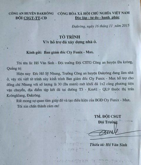 Đội trưởng CSGT công an huyện Đakrông, Quảng Trị có văn bản gửi Ban giám đốc Công ty Funix - Max xin đá xây dựng cho trưởng công an huyện xây nhà. 