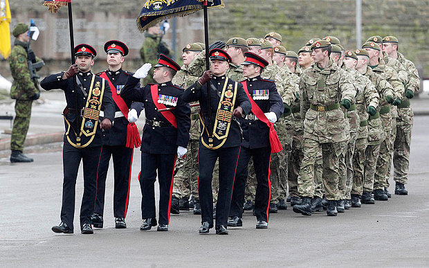 British soldiers march during a military parade celebrating Estonias Independence Day 
