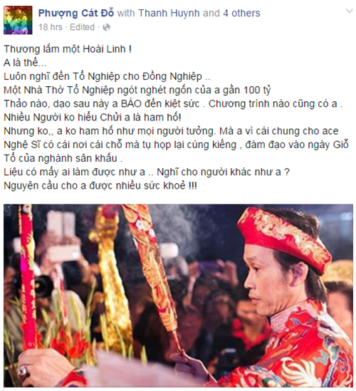 
Tâm tư cảm thương của Cát Phượng kèm theo hình ảnh Hoài Linh đang kính cẩn tham gia hát hầu đồng.
