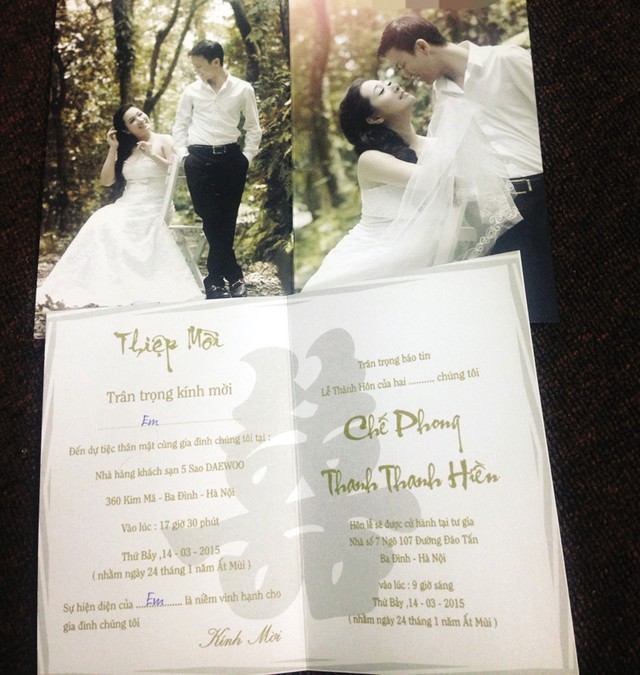 Thiệp mời đám cưới ba lớp của cặp nghệ sỹ Thanh Thanh Hiền - Chế Phong.
