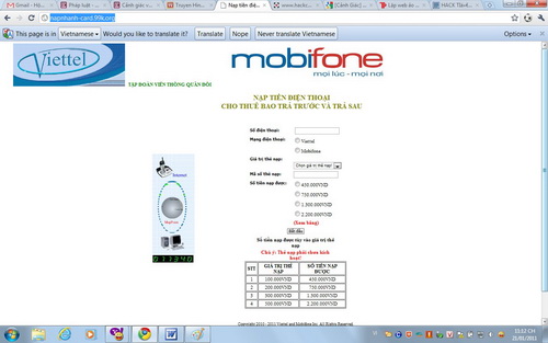 Giao diện hai trang web lừa đảo nạp thẻ “siêu khuyến mại” và hack nhà mạng di động (Ảnh: Tuổi trẻ)