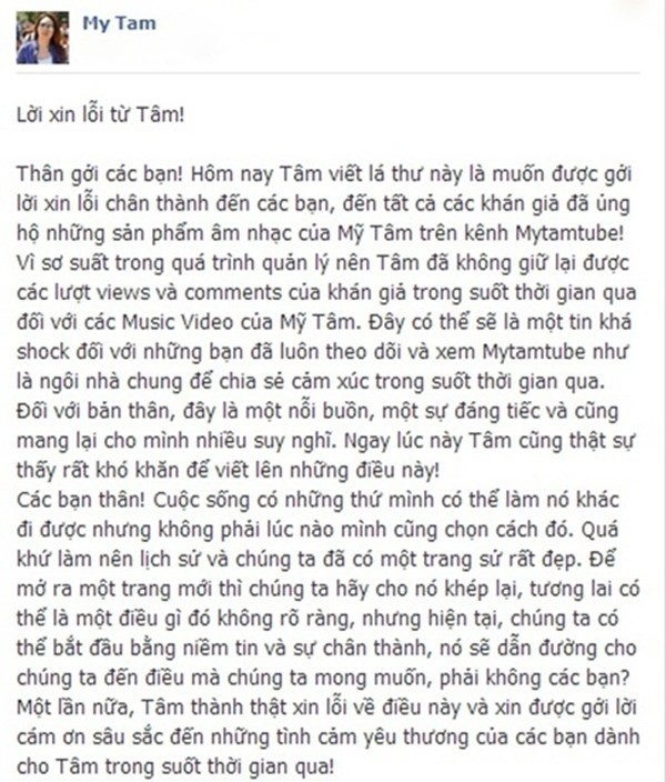 Mỹ Tâm lên tiếng xin lỗi fan vì kênh YouTube bị xóa bỏ.