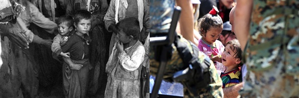 Một bé trai đang bé em bé khóc trong một trại ti nạn tại Kavaja, Albania năm 1945. Và đến năm 2015, tại Cộng hòa Macedonia, cảnh tượng đó gần như lại tái hiện trong trại Gevgelija.