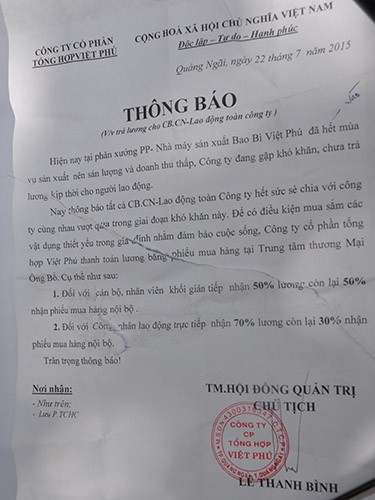 Thông báo giữ lương của Công ty Cổ phần Tổng hợp Việt Phú.