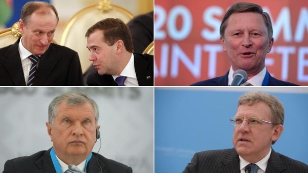 Bộ 5 thân tín của ông Putin: Nikolai Patrushev và Dmitry Medvedev; Sergei Ivanov; Alexei Kudrin  và Igor Sechin (từ trái sang). Nguồn: Getty