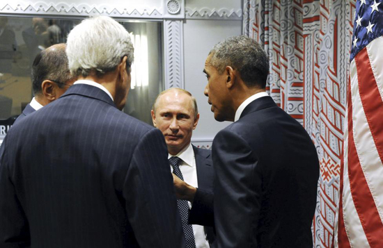 Tổng thống Nga Vladimir Putin, ngoại trưởng Sergei Lavrov cùng Tổng thống Mỹ Barack Obama và ngoại trưởng John Kerry cùng sôi nổi thảo luận bên lề kỳ họp của Đại hội đồng LHQ.