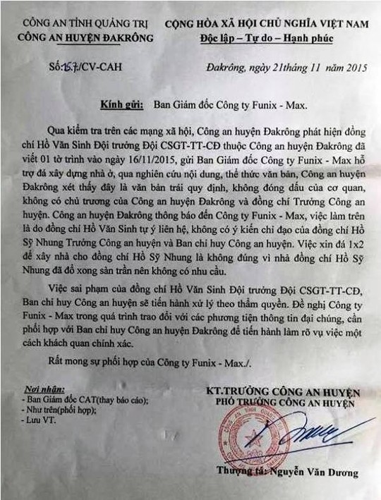 
Công an huyện Đakrông xác định việc làm sai trái của Đội trưởng CSGT khi tự ý làm công văn gửi cho doanh nghiệp.
