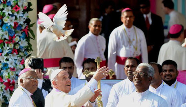 Giáo hoàng Francis phóng sinh cho một chú chim bồ câu là biểu tượng của hòa bình tại nhà thờ Madhu ở phía tây bắc Sri Lanka