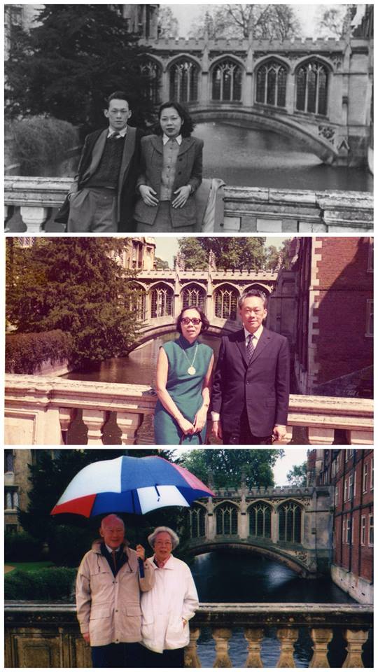 3 bức ảnh ông Lý Quang Diệu và bà Kha Ngọc Chi chụp tại Cầu Than Thở ở ĐH Cambridge (Anh) được ông Lý Hiển Long đăng trên Facebook.