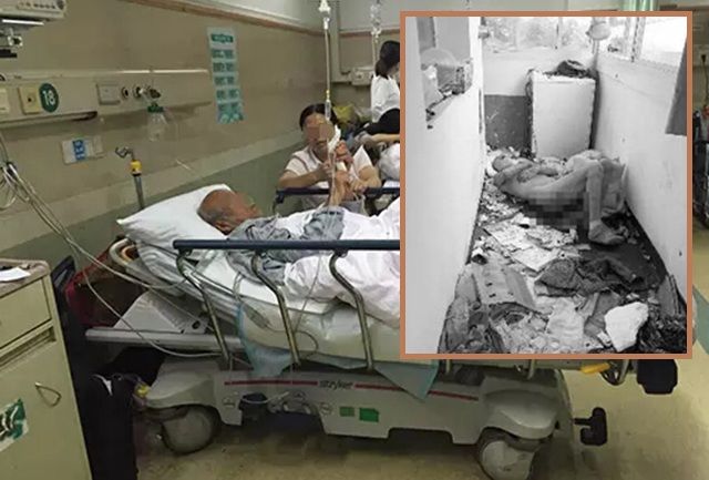 
Cụ ông được phát hiện nằm liệt trên sàn ban công bẩn thỉu trước khi được xe cấp cứu đưa vào bệnh viện.
