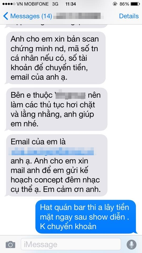 
Nội dung tin nhắn với người đã đặt show được Tuấn Hưng công khai trên trang cá nhân
