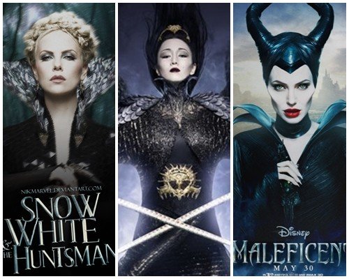 
Tạo hình của Củng Lợi (ảnh giữa) bị cho là sao chép từ Maleficent của Angelina Jolie (bìa phải) và mụ hoàng hậu độc ác trong Bạch Tuyết và Gã thợ săn (bìa trái)
