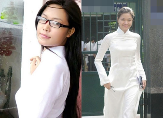 
Hoa hậu Việt Nam 2008 Thùy Dung ngày đi học duyên dáng trong tà áo dài truyền thống.
