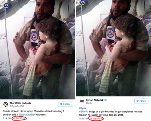 
Nga cho biết bức ảnh nạn nhân này đã được đăng tải từ ngày 25/9, trước khi Nga tiến hành chiến dịch không kích ở Syria gần 1 tuần.
