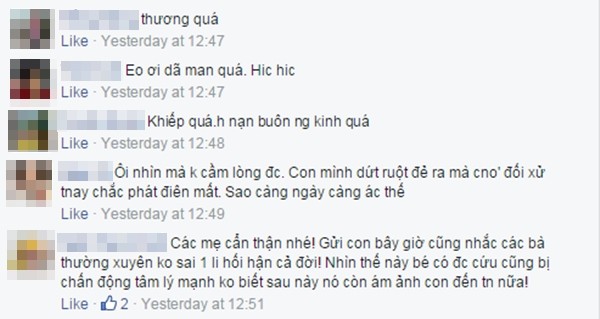 Những bình luận bày tỏ thương xót và phẫn nộ với hành động tội ác đối với đứa bé - (Ảnh chụp màn hình).