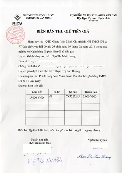 Biên bản xác nhận và thu giữ của ngân hàng BIDV đối với tờ tiền giả mệnh giá 5.000 đồng.