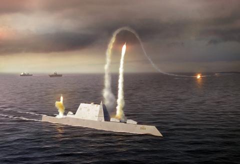 Đồ họa siêu hạm USS Zumwalt tấn công mục tiêu.