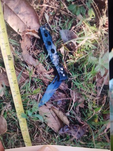 Một con dao xếp dài khoảng 20cm dính đầy máu được tìm thấy phía bên ngoài sân, nghi là hung khí giết người (Ảnh: Vietnamnet)