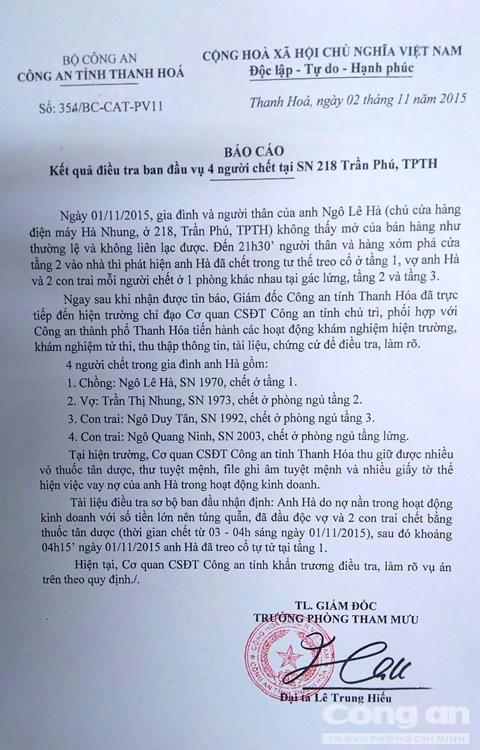 Ngay sau khi thảm cảnh xảy ra, Cơ quan CSĐT công an tỉnh Thanh Hóa nhanh chóng vào cuộc và đã có kết luận ban đầu về vụ việc