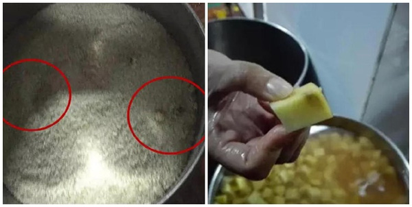 
Một phụ huynh đã chụp lại hình ảnh thùng gạo bị mốc của trường và miếng khoai tây đã bị nảy mầm vẫn được nấu lên cho trẻ ăn.
