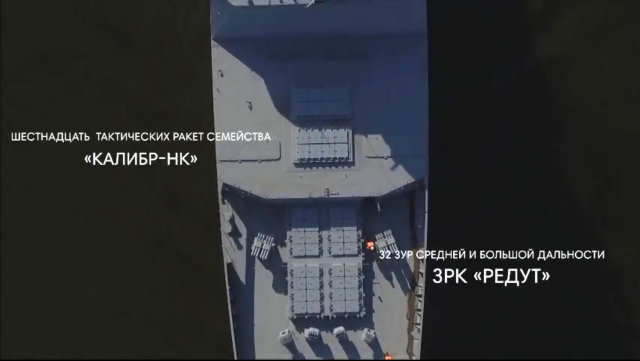 
Vị trí lắp đặt các bệ phóng thẳng đứng UKSK và tên lửa phòng không trên tàu.

