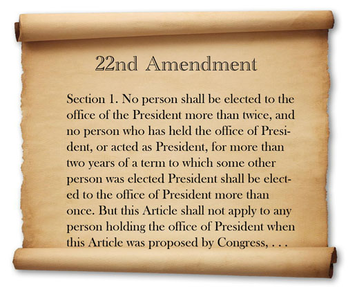 Điều 22, Hiến pháp Mỹ quy định một công dân không được phép ứng cử quá hai nhiệm kì Tổng thống.