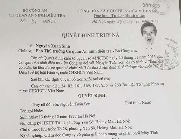 
Lệnh truy nã đối với Nguyễn Tuấn Sơn.
