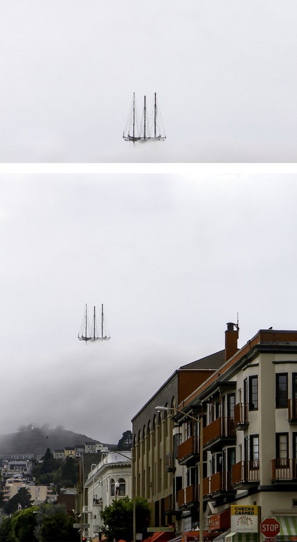 3. Đỉnh của tòa tháp Sutro tại San Francisco giống như một chiếc thuyền ma đang lượn lờ trên bầu trời.