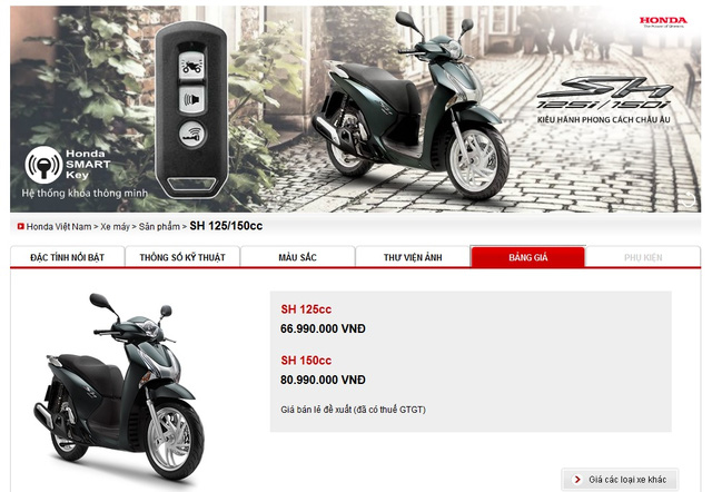 Bảng giá niêm yết xe Honda SH tại trang web của Honda Việt Nam.