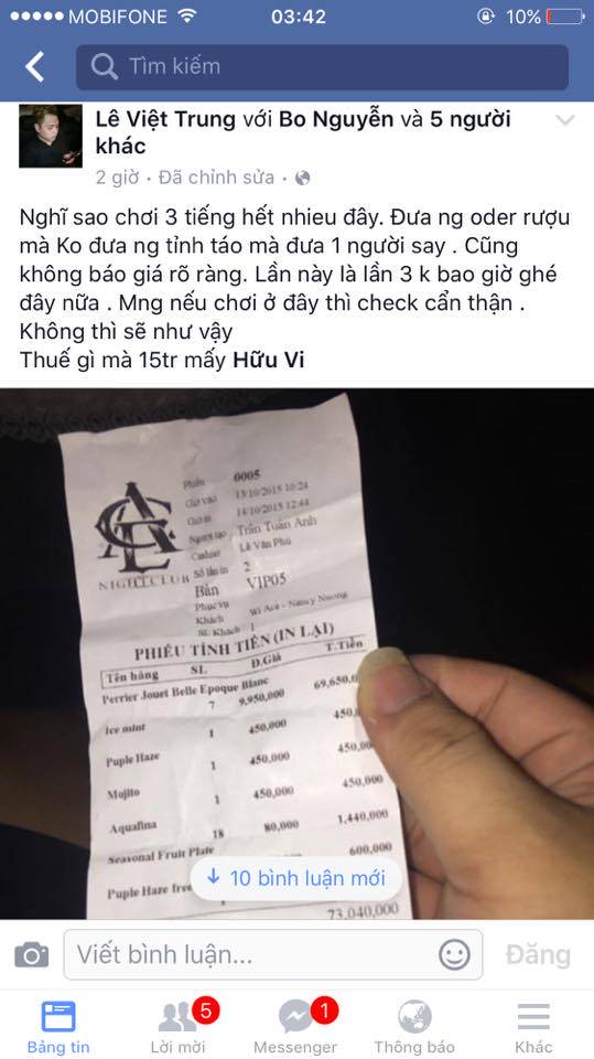 Không chỉ có BB Trần mà một số thành viên có mặt trong buổi tối 13/10 như Chan Than San, Lê Việt Trung... đều đăng ảnh hóa đơn này lên trang cá nhân của họ.