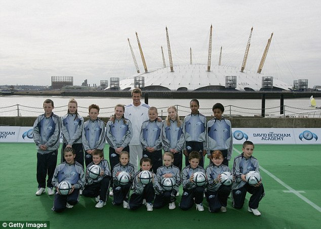 Kane and other young children pose with the former England captain at the David Beckham Academy 