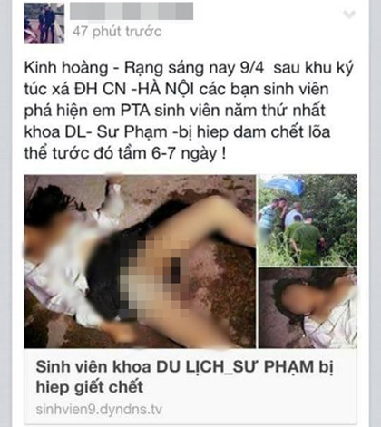 Tung tin đồn thất thiệt về nữ sinh viên bị hiếp dâm, chết lõa thể lên facebook gây hoang mang