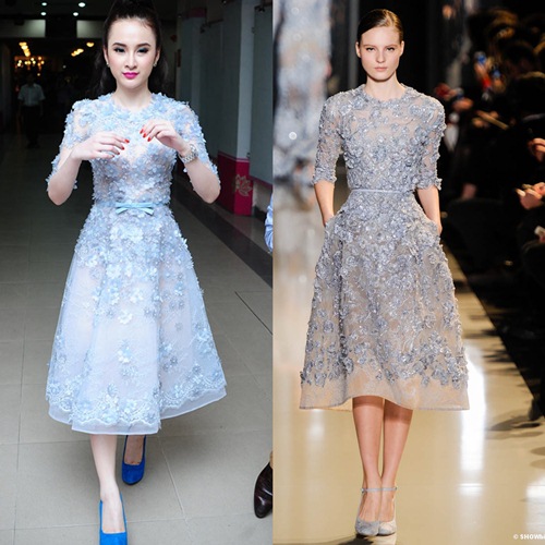 Tối ngày 9/6/2013, Angela Phương Trinh diện một chiếc váy nhái thiết kế của nhãn hiệu thời trang cao cấp Elie Saab