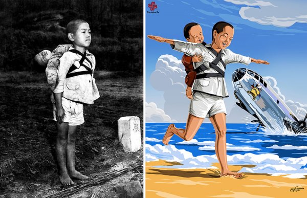 
Sự kiên cường của người anh trai khi cõng đứa em đã chết tới buổi hỏa táng tại Nhật năm 1945 trở thành cảnh vui đùa trên bãi biển ngập nắng trong trí tưởng tượng của người nghệ sĩ. 

