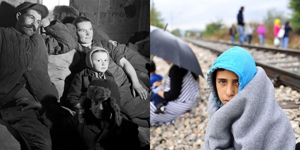 Năm 1946, tại Ba Lan, một gia đình tị nạn dựa vào đống đồ đạc của họ trên hành trình đến vùng Lower Silesia. Năm 2015, một cậu bé được quấn trong chăn ấm bên cạnh đường ray xe lửa hướng đến Serbia.