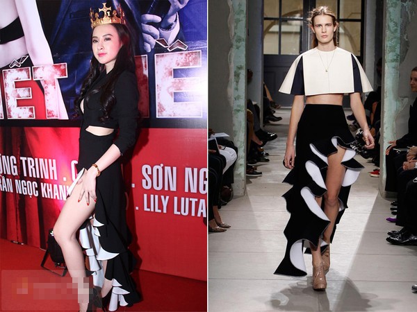 Chiếc váy xếp nếp đen trắng có kiểu dáng gần như giống thiết kế thuộc Bộ sưu tập Xuân 2013 của thương hiệu Balenciaga, nhưng chiếc váy của Angela lại có phần xếp nếp được kéo lên cao hơn hẳn.