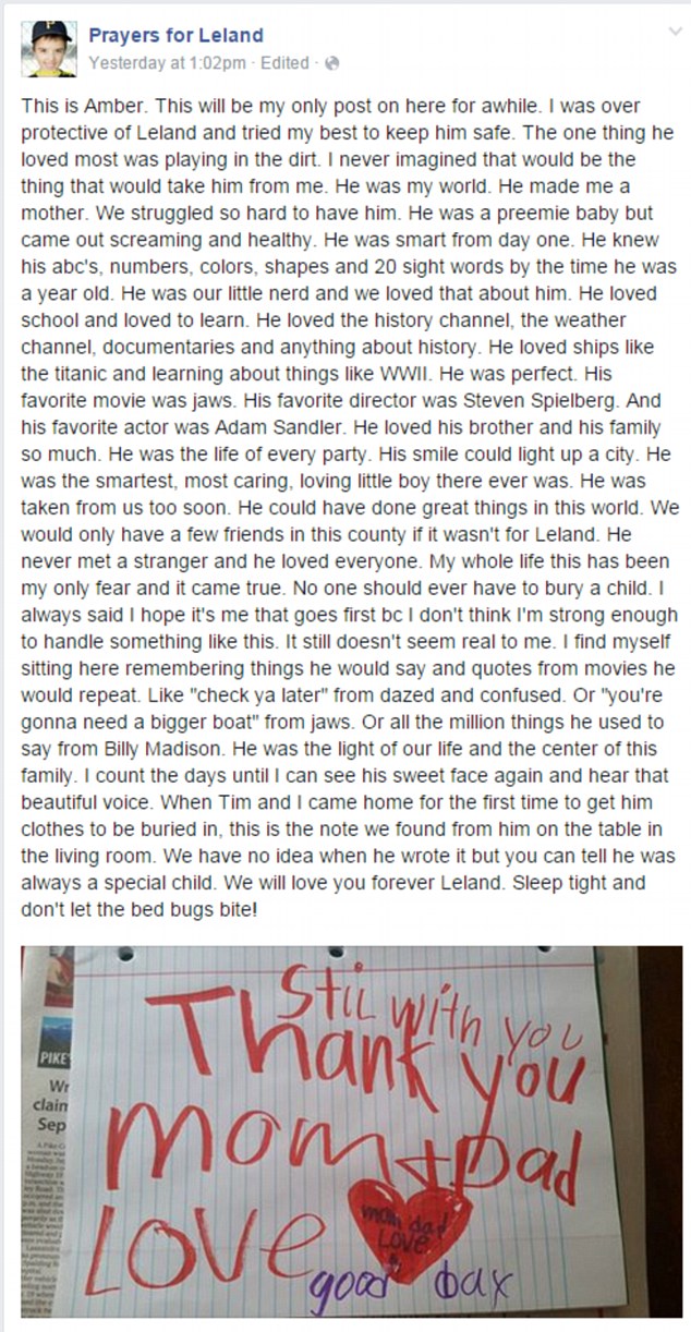 
Chia sẻ của bà mẹ Amber Leland trên Facebook sau khi phát hiện những lời sau cuối của con trai.

