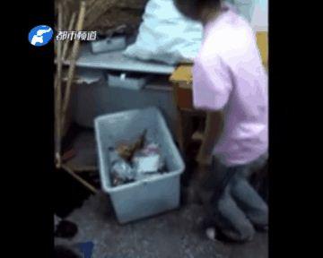 
Nữ sinh bị bạn bắt quỳ trước thùng rác.
