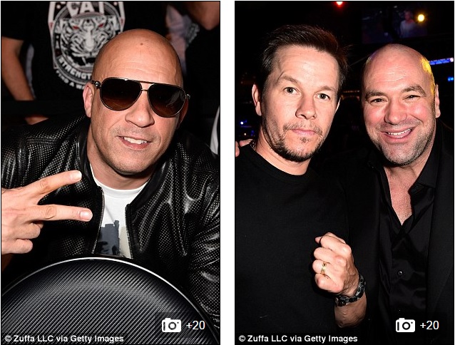 Nam tài tử Vin Diesel (trái) và Mark Wahlberg (chụp ảnh chung với Chủ tịch UFC - Dana White, phải)