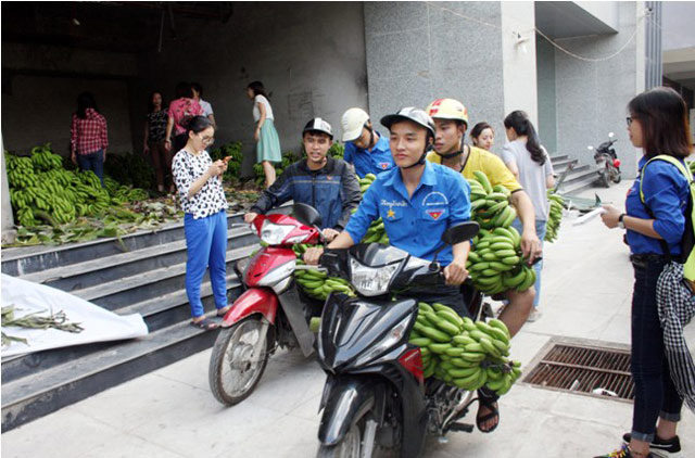 
Những đơn đặt hàng trước được các sinh viên tình nguyện dùng xe máy chở đi giao.
