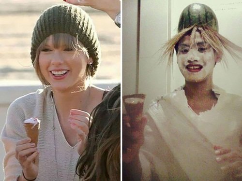 Taylor Swift khi được cosplay đã đội nửa quả dưa dấu lên đầu