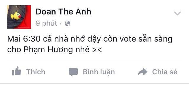 
Kêu gọi mọi người cùng ủng hộ và bình chọn cho Hoa hậu Phạm Hương.
