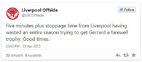 5 phút bù giờ cuối trận đã bị Liverpool phung phí và đồng thời, cơ hội để Gerrard có được một danh hiệu chia tay đội bóng cũng đã bị vứt đi.