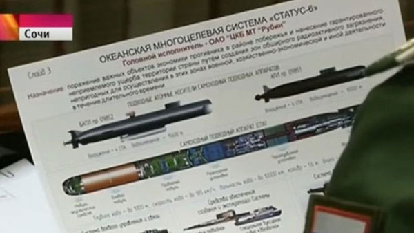 
Bản vẽ hệ thống vũ khí Status-6 bất ngờ rò rỉ trên sóng truyền hình Nga. Ảnh: BBC
