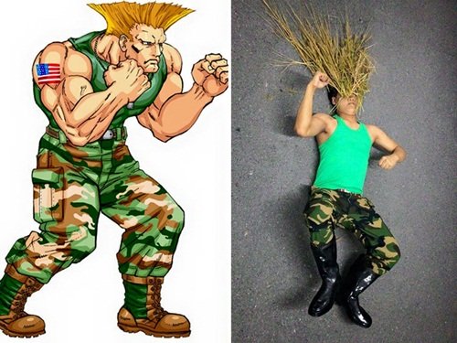 Guile với mái tóc dựng đứng được làm từ cọng rơm trong Street Fighter