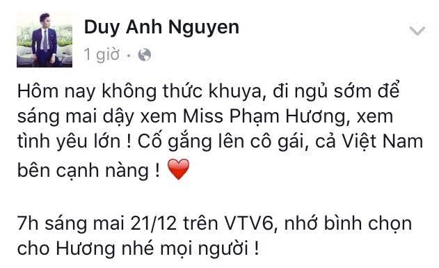 
Dân mạng hô hào mọi người cùng ngủ sớm để sáng dậy sớm theo dõi phần thi của Hoa hậu Phạm Hương trong Chung kết Hoa hậu Hoàn vũ 2015.
