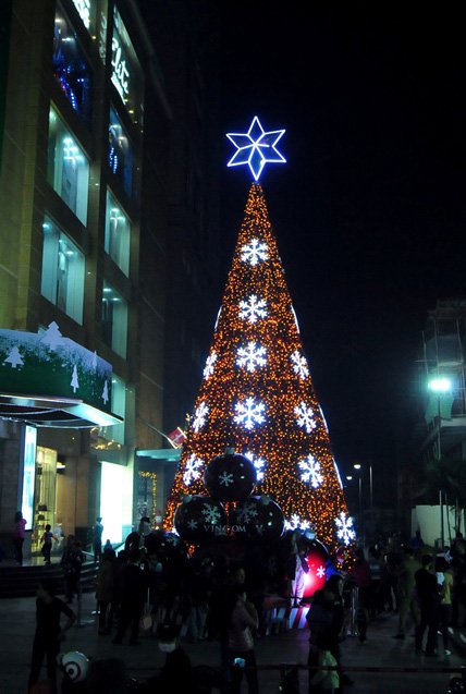 
Hàng ngàn bóng điện thắp sáng cây thông Noel trong đêm thu hút nhiều người dân.
