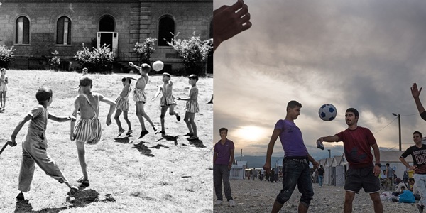 Những trẻ em khuyết tật vui vẻ chơi bóng đá tại Circa, Italy năm 1950. Bức ảnh bên cạnh là năm 2015, thanh thiếu niên cũng chơi bóng đá trong một trại ti nạn.