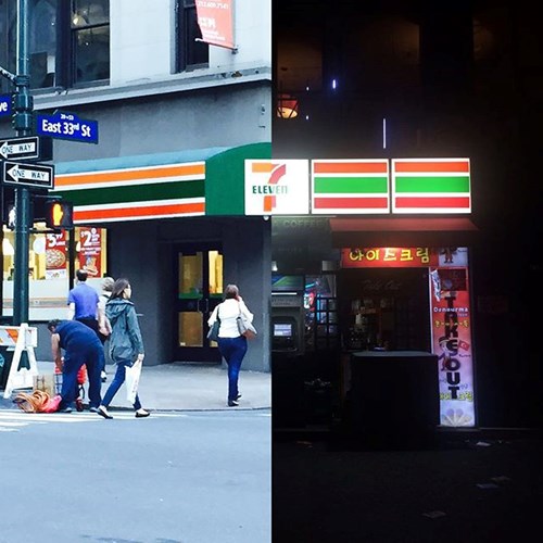 
Bên trái là siêu thị tiện ích 7 Eleven ở Mỹ, còn bên phải là siêu thị cùng hệ thống ở Hàn Quốc.
