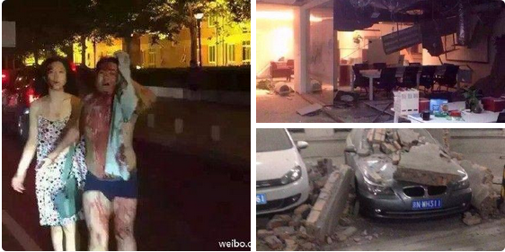 Khung cảnh hỗn loạn và đổ nát tại hiện trường sau vụ nổ. Ảnh: Weibo/Twitter